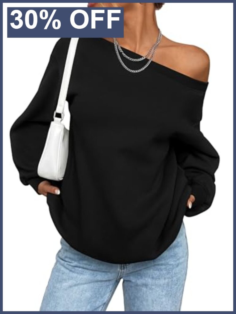 Off Shoulder Fleece Sweatshirt Loose Fit Pullover Long Sleeve